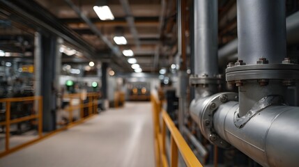 Fototapeta premium Industrial plant interior with large metal pipes and a long walkway stretching into the distance