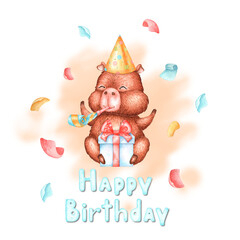 Obraz premium A capybara in a party hat, holding a gift and a horn, sits surrounded by confetti. Watercolor card with the text Happy Birthday. Suitable for birthdays, holidays, greeting cards, prints