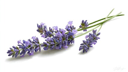 Fototapeta premium Three delicate sprigs of purple lavender with green stems gracefully arranged on a pure white