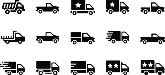Truck icon collection. Includes garbage truck, dump truck, moving truck, pickup truck, and delivery truck symbols. Created in simple style with black and white palette. © Itz Rakesh