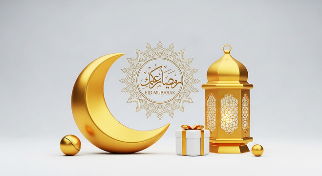 Golden crescent moon with lantern and gift box celebrating Eid Mubarak