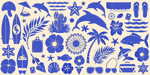 A collection of blue and white summer themed illustrations and icons © Nirob