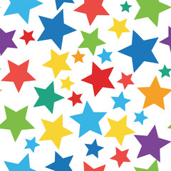A vibrant seamless pattern of various sized colorful stars on white