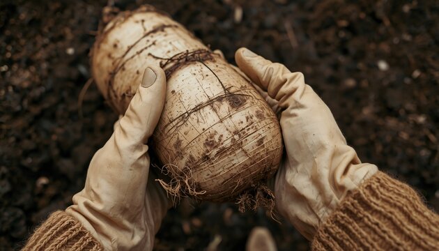 Hands Wearing Garden Gloves picking Arbi (Colocasia Root)