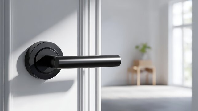 Modern matte black lever door handle mounted on a white door jamb opening to a bright room