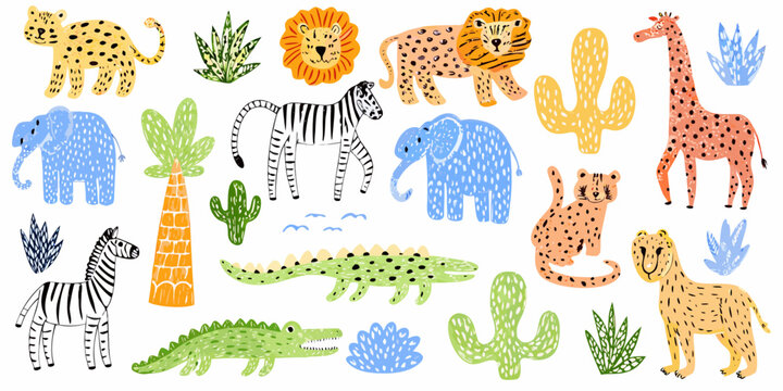 Colorful hand drawn illustrations of various african animals and plants