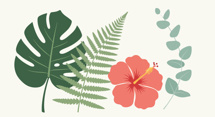 A vibrant tropical arrangement of leaves and a striking hibiscus flower © PANGERANDESIGN