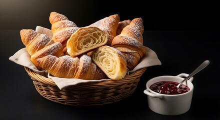A basket of freshly baked croissants, golden and flaky, with a small dish of jam, studio lighting, black background.