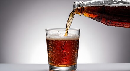 A bottle of soda with condensation, a glass being filled with the fizzy drink, studio lighting.