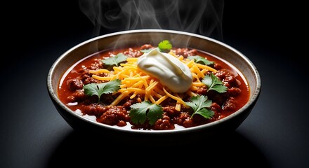 A bowl of chili con carne with shredded cheese, sour cream, and cilantro, studio lighting, dark background, 4k.