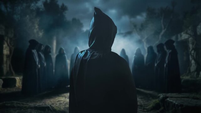 Shadowed Mystical Gathering, Nighttime Congregation Of Cloaked Figures In Eerie Illumination And Debris