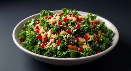 A bowl of kale and quinoa salad with pomegranate seeds and almonds, vibrant and fresh, studio light, black background.