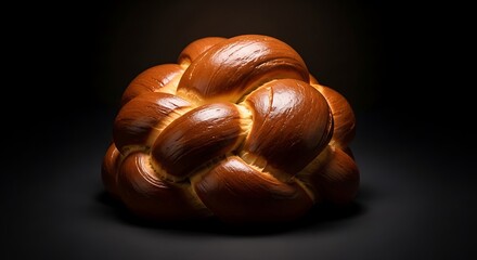 A challah bread braided perfectly, golden brown, studio light, black background, high-end look.