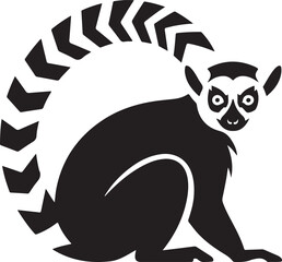 Minimalist black and white lemur silhouette with large curved tail and expressive face © Vector stock