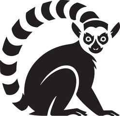 Minimalist black and white of a lemur with large eyes and a striped tail animal wildlife © Vector stock
