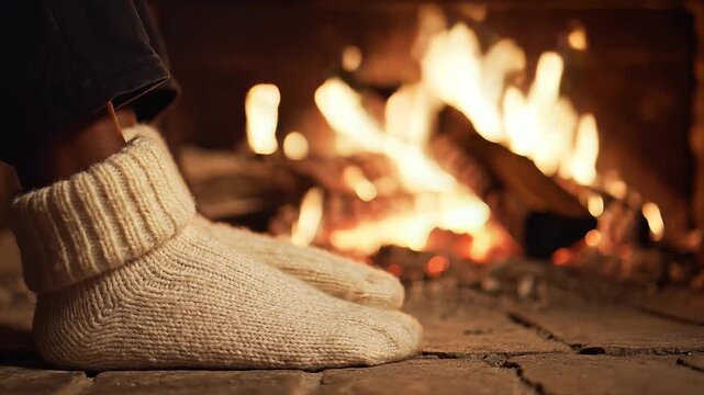 Cozy scene of feet in socks near a warm fireplace with burning logs.