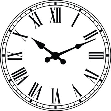 Minimalist black classic clock with roman numerals silhouette vector icon