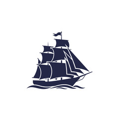 Vintage illustration of a majestic sailing ship on a dark blue sea © Fariaislam