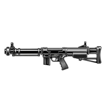 Detailed illustration of a black vintage submachine gun with a folding stock