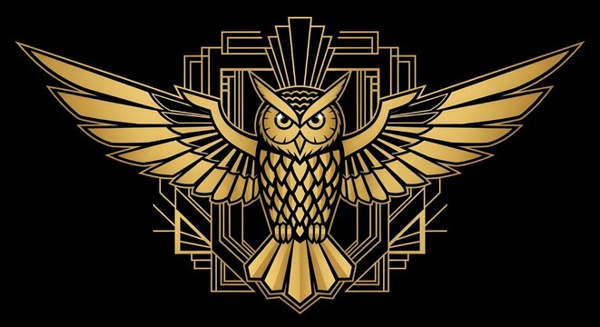 Golden owl emblem with art deco design on black background