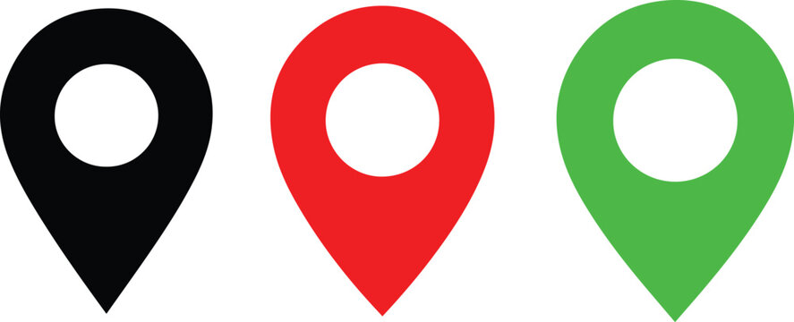 Minimalist black, red and green map pin location marker silhouette vector icon