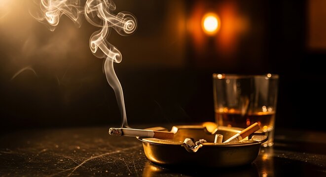 Cigarette smoke rising from ashtray with whiskey.