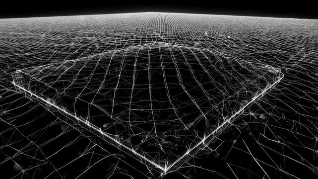 Wireframe cube on a digital grid surface stretching to a glowing horizon