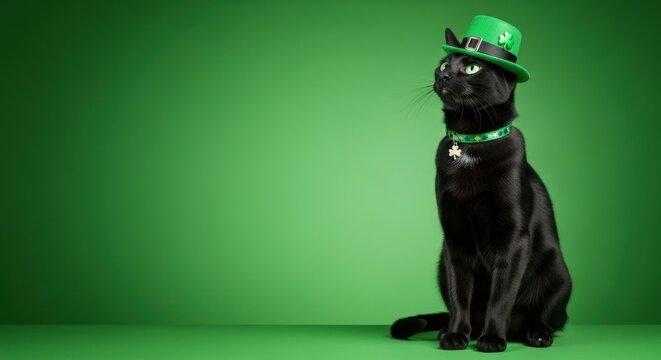A black cat wearing a green hat and collar sits on a green background