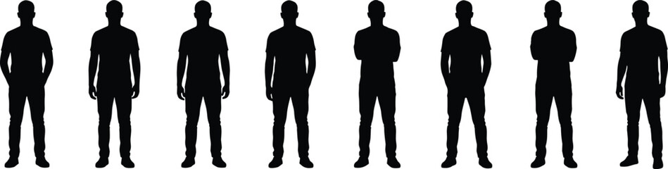 Obraz premium Row of eight black male silhouettes standing in a line on a white background with varied arm poses for teamwork concepts.