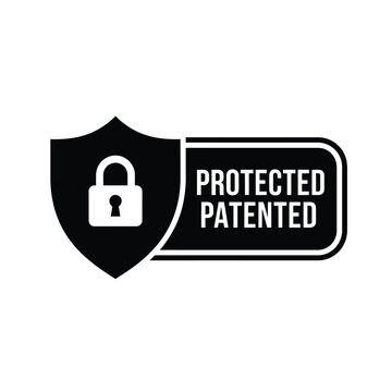 Vector illustration icon black shield icon with lock and protected patented label