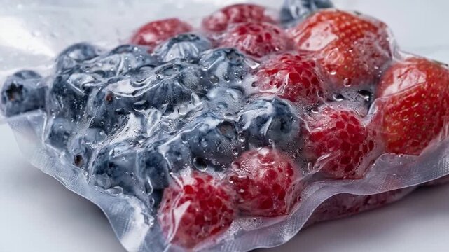 Vacuum sealed food strawberries and blueberries preserved clear plastic bag and pouch showing condensation droplets vibrant color fresh appetizing