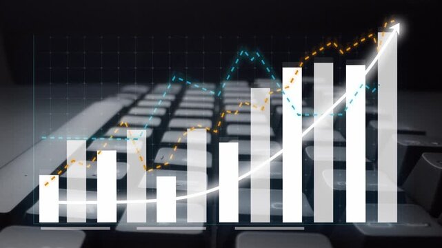 This image captures a digital representation of statistical growth trends, featuring vibrant graphs overlaying a keyboard, highlighting modern data analysis in a professional context. Copula