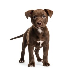 Obraz premium A brown puppy with white markings on its chest and paws stands on a white background