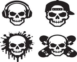 Fototapeta premium Skull Set with Headphones Cap Paint Splash and Crossed Bats