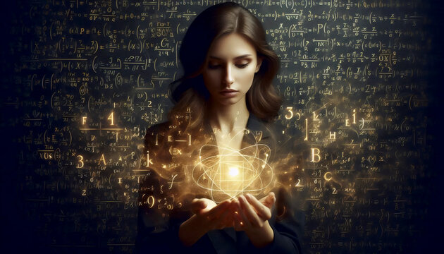 A woman surrounded by glowing mathematical formulae, Ai generated image