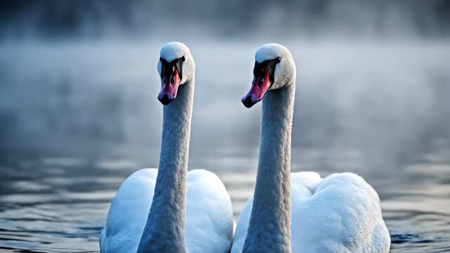 Pair of White Swans Gliding on a Misty Lake