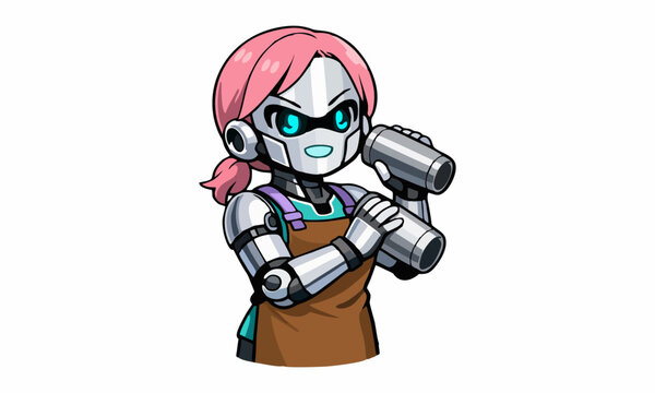 Futuristic chibi robot bartender shaking cocktail cartoon illustration