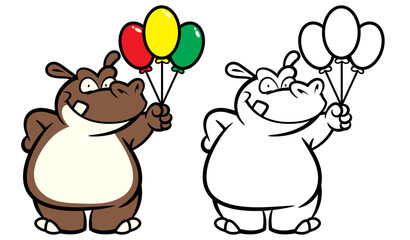 Cute Hippo Cartoon Character Holding Colorful Floating Balloons. Kawaii Hippopotamus Vector Illustration for Kids Birthday Mascot, Stickers, and Preschool Education