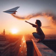 Fototapeta premium A woman launching paper airplanes that become real, Ai generated image