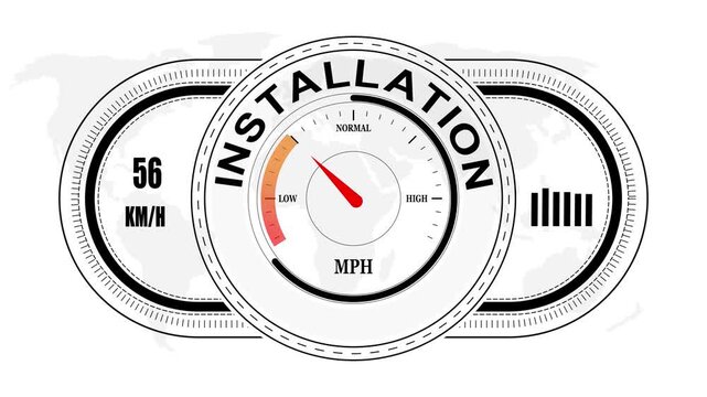 Universal level meter indicator with INSTALLATION text Animation.Gauge scale meter status performance 4K motion background.System status risk health emotion performance gauge icon.