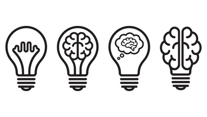 Outline Lightbulb and Brain Icons Set: Visualizing Creative Ideas, Innovation, and Intellectual Processes for Business and Education