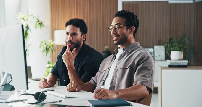 Excited, team and men with computer, high five and colleagues with success or design approval on web. Graphic designer, achievement and people with tech for positive feedback or celebration in office