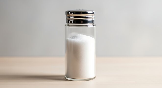 Salt Shaker with Metal Lid on Light Wooden Surface in Neutral Background