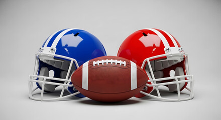 Two football helmets blue and red with a football in the middle white