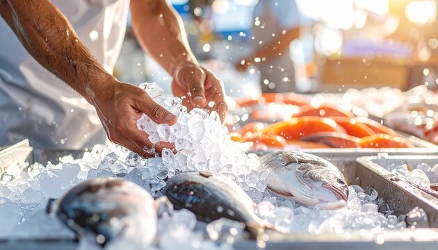 Worker Adding Crushed Ice to Fresh Fish for Seafood Preservation
