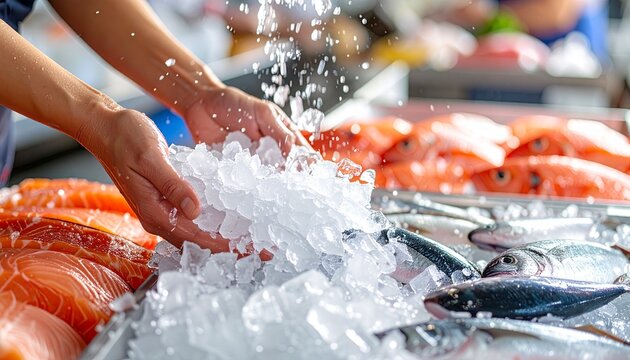Worker Adding Crushed Ice to Fresh Fish for Seafood Preservation
