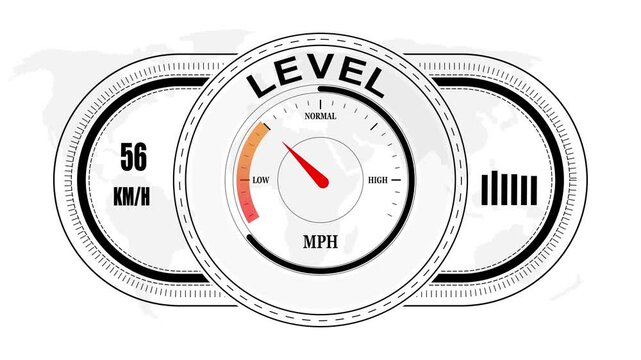 Universal level meter indicator with LEVEL text Animation.Gauge scale meter status performance 4K motion background.System status risk health emotion performance gauge icon.