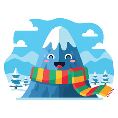 Cartoon mountain with scarf, smiling, with snowy details in winter