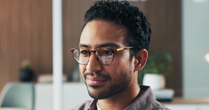 Spectacles, research and businessman in office with reading for creative project with online review. Glasses, report and male magazine editor with article planning for publishing at startup agency.