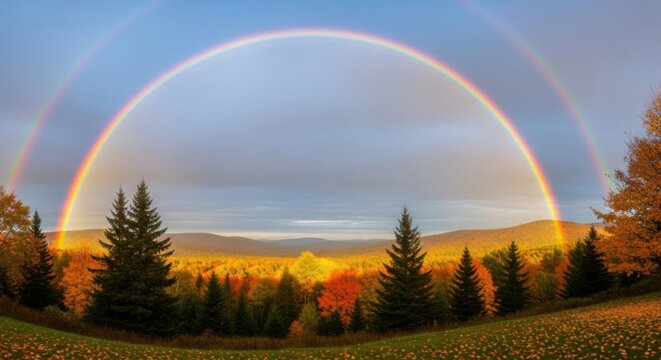 Double rainbow arches over a vibrant autumn forest landscape with golden foliage and evergreen trees under a cloudy sky.